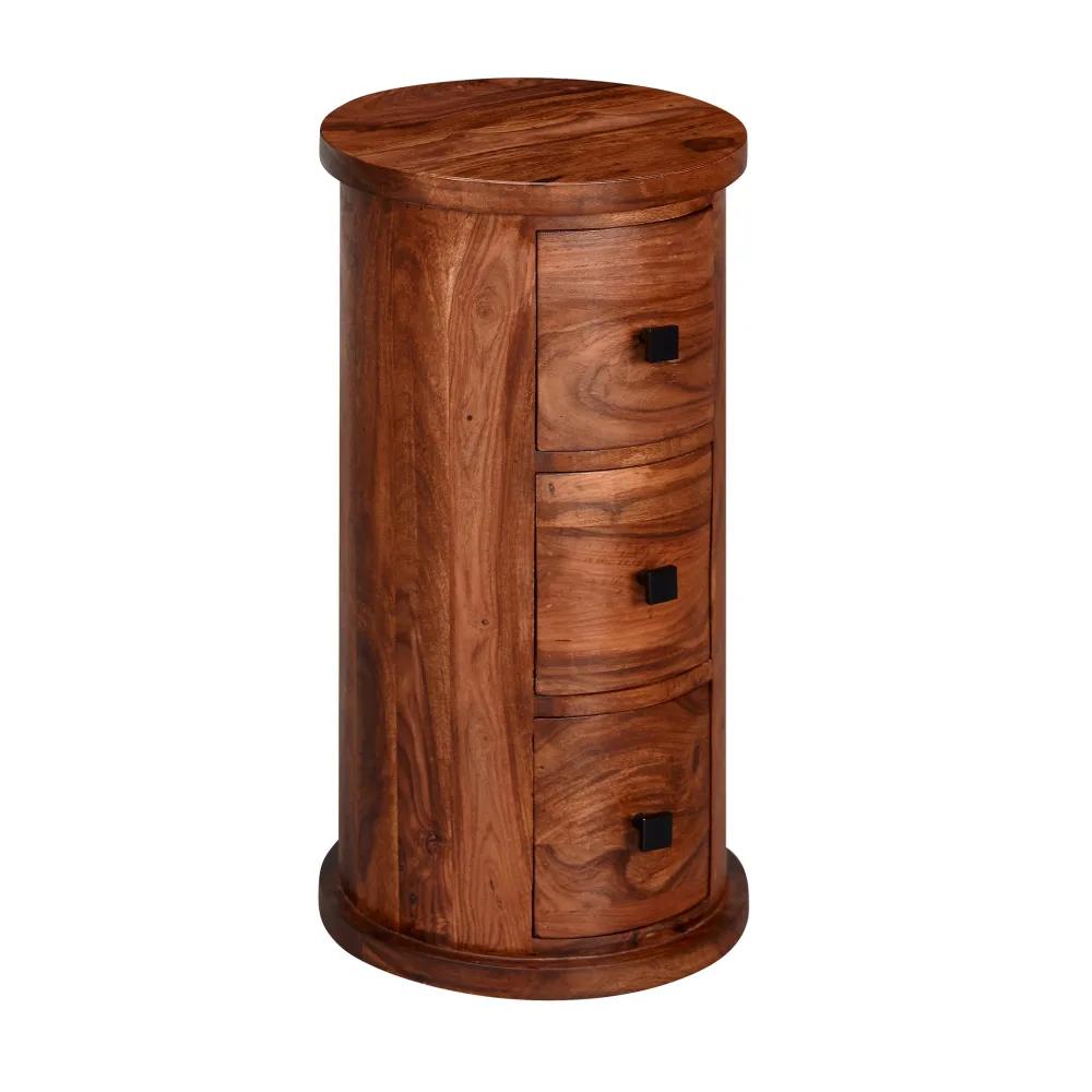 FineBuy Design Sideboard Sheesham Massivholz Ø 35 cm, Schränkchen mit Schubladen, Schmaler Beistellschrank Massiv, Mini Kommode Rund