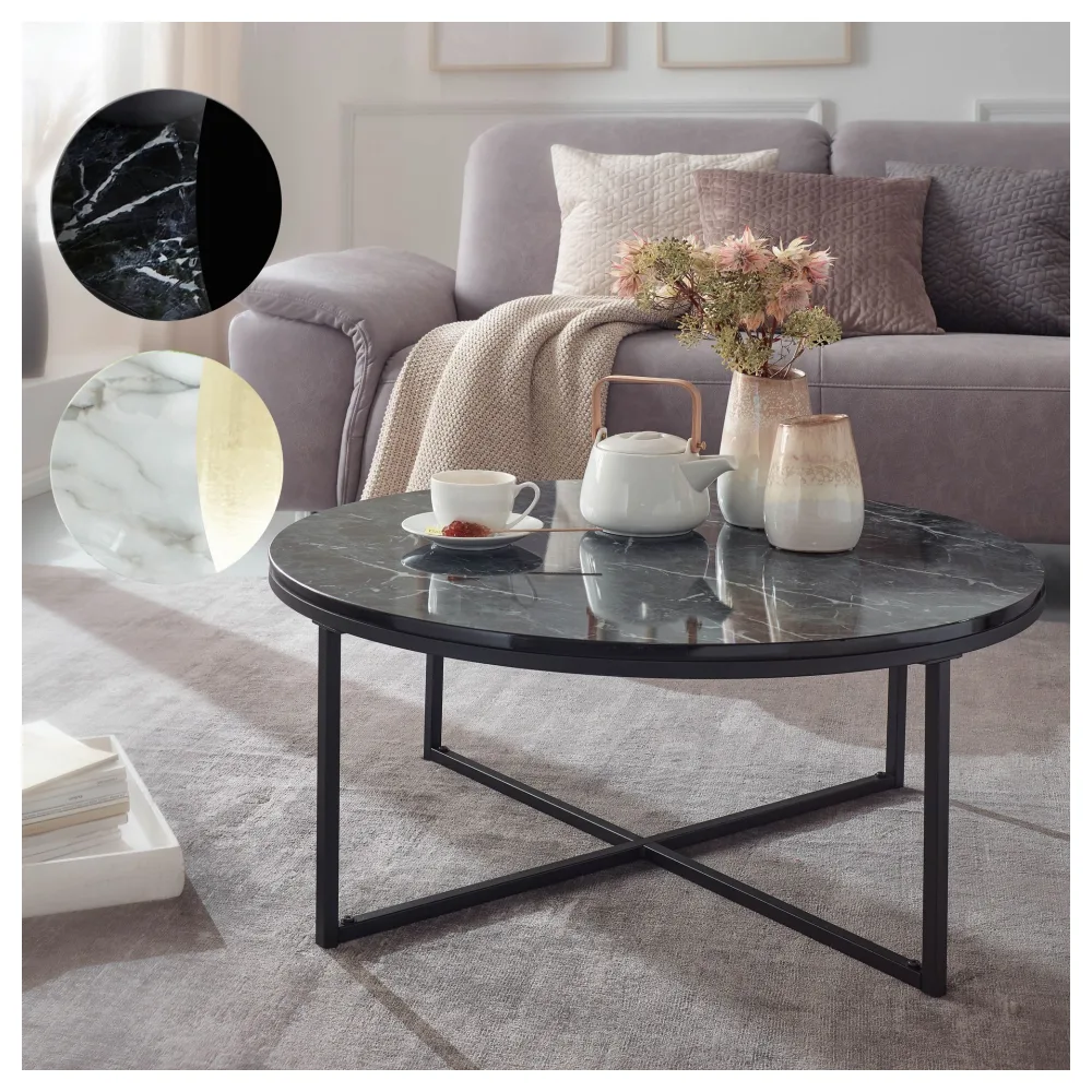 FineBuy Design Couchtisch Ø 80 cm Marmoroptik, Wohnzimmertisch mit Metall-Gestell, Sofatisch Rund Tisch Wohnzimmer, Beistelltisch