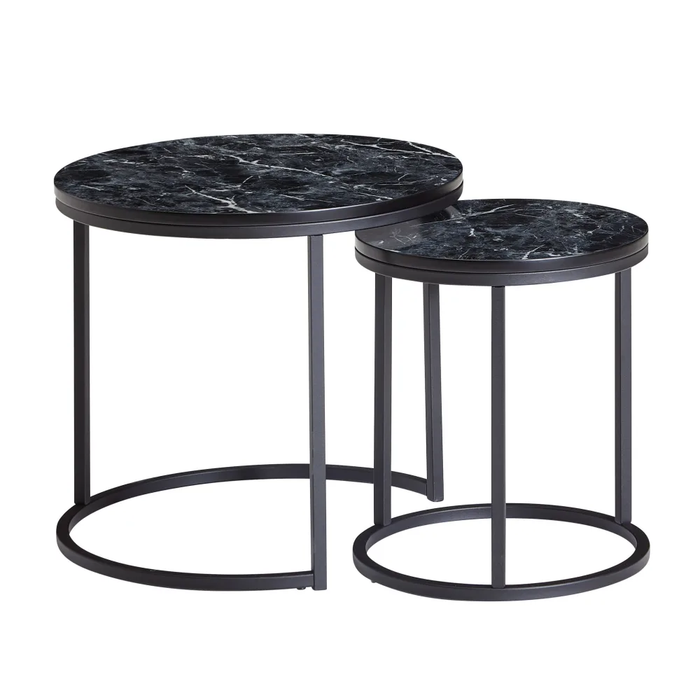FineBuy Design Beistelltisch 2er Set Marmor Optik Rund, Couchtisch 2-teilig Tischgestell Metall, Kleine Wohnzimmertische, Moderne Satztische