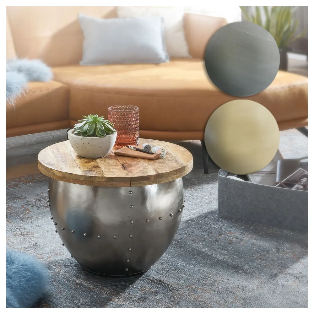 FineBuy Couchtisch Mango Massivholz / Metall 60x43x60 cm Industrial Style Rund, Design Wohnzimmertisch mit Stauraum, Moderner Loungetisch Sofatisch