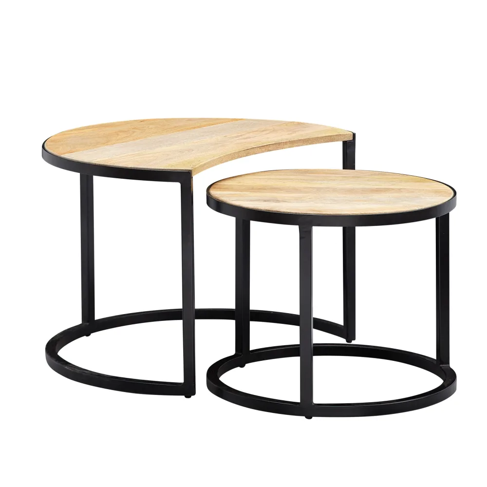FineBuy Couchtisch Set 2er Mango Massivholz rund Natur · Wohnzimmertisch Beistelltisch mit Metallgestell Schwarz · Satztische im Industrial Design