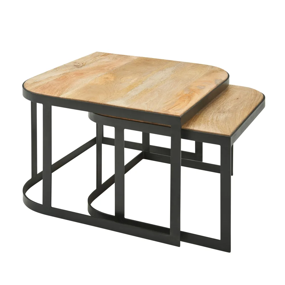 FineBuy Couchtisch 2er Set Mango Massivholz / Metall Wohnzimmertisch Braun, Industrial Satztisch Beistelltisch Metallbeine Schwarz, Tischset 2-teilig Satztisch Holz