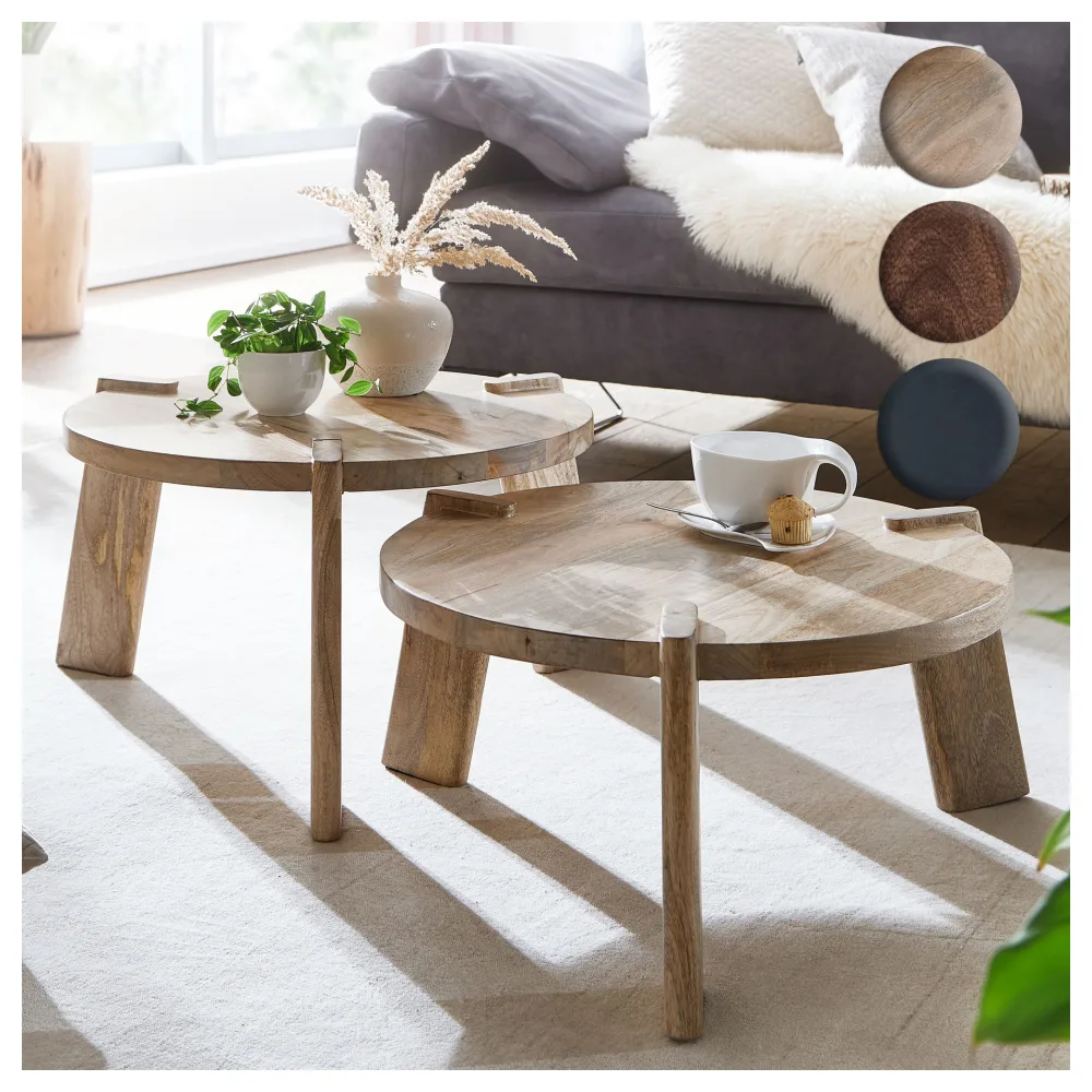 FineBuy Couchtisch Set 2er Mango Massivholz rund Natur · Wohnzimmertisch Beistelltisch im Japandi Design · Handgefertigte Satztische aus Echtholz mit Klarlack