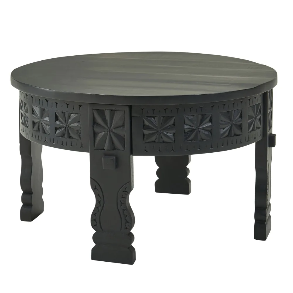 FineBuy Couchtisch Mango Massivholz rund · Handgeschnitzter Wohnzimmertisch im orientalischen Boho Design · Dunkler Massivholztisch