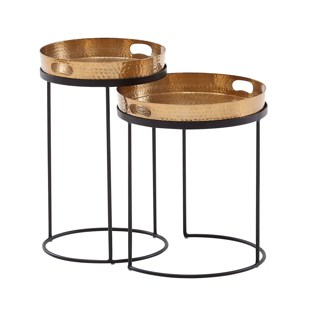 FineBuy Beistelltisch 2er Set Metall Hammerschlag Satztisch Rund, Couchtisch abnehmbares Tablett, Tabletttisch Sofa 2 teilig Modern, Runder Sofatisch