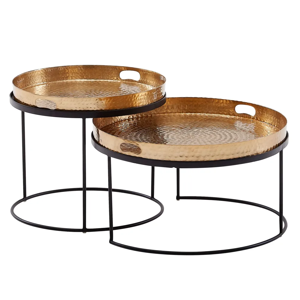 FineBuy Couchtisch 2er Set Metall Hammerschlag Satztisch Rund, Sofatisch abnehmbares Tablett, Tabletttisch Sofa 2 teilig Modern, Runder Beistelltisch