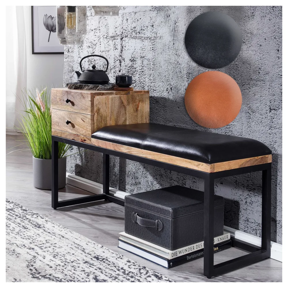FineBuy gepolsterte Sitzbank 100 cm Massivholz Echtleder Schwarz mit Schublade - Retro Polsterbank für Garderobe, Schlafzimmer, Wohnzimmer - Garderobenbank Eingangsbereich