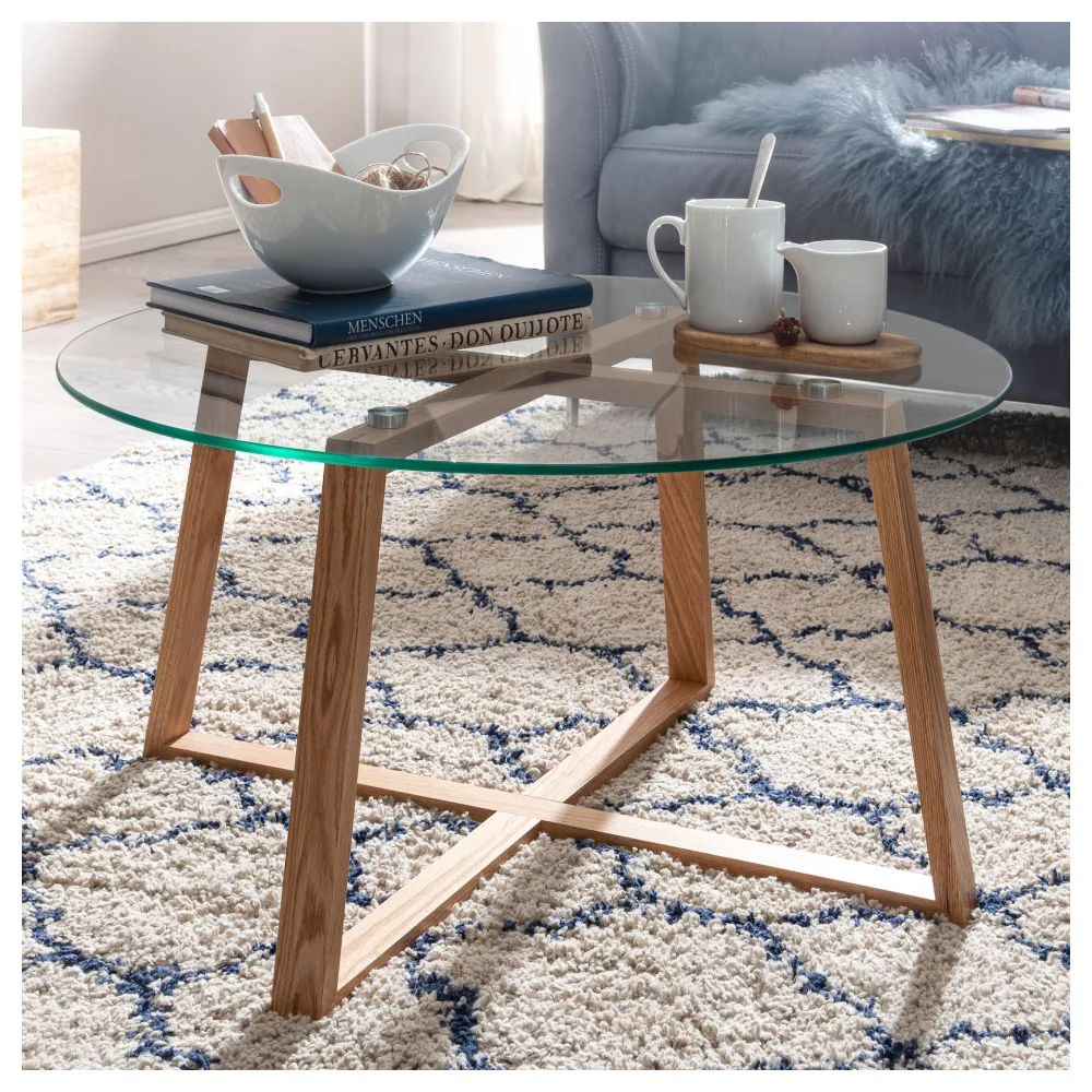 FineBuy Couchtisch Eiche Massivholz / Glas Sofatisch Rund Wohnzimmertisch, Design Stubentisch Modern, Holztisch Kaffeetisch, Tisch Wohnzimmer Echtholz