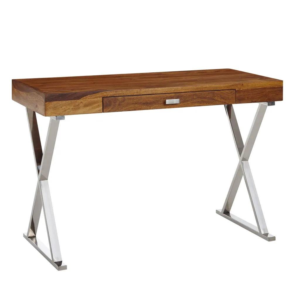 FineBuy Schreibtisch 120x55x78 cm Sheesham Massivholz / Metall, Design Bürotisch mit Schublade, HomeOffice Laptoptisch Computertisch mit Stauraum