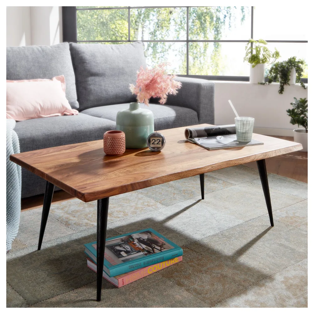FineBuy Couchtisch Sheesham Massivholz 110 cm rechtckig · Wohnzimmertisch mit natürlicher Baumkante & Metallbeinen · Handgefertigt im Retro Design