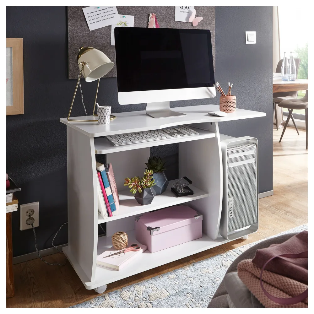 FineBuy Computertisch GRASSE rollbar Weiß 90 x 71 x 50 cm mit Tastaturauszug, Laptop Tisch auf feststellbaren Rollen, PC-Tisch mit Drucker-Ablage platzsparend, Schreibtisch für kleine Räume