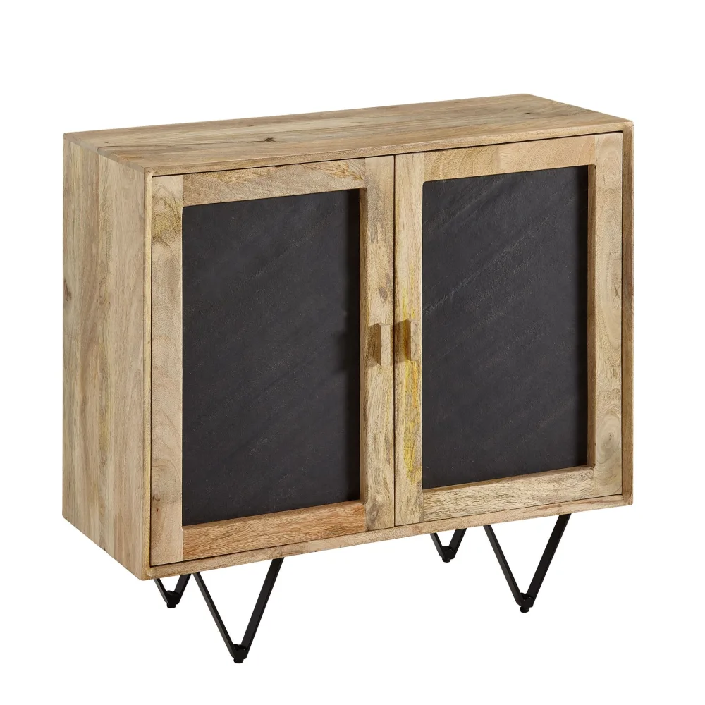 FineBuy Sideboard 80x75x35 cm Mango Massivholz / Stein-Optik Anrichte, Kommode mit 2 Türen, Kleiner Kommodenschrank Holz Massiv, Standschrank Mehrzweckkommode mit Metallgestell