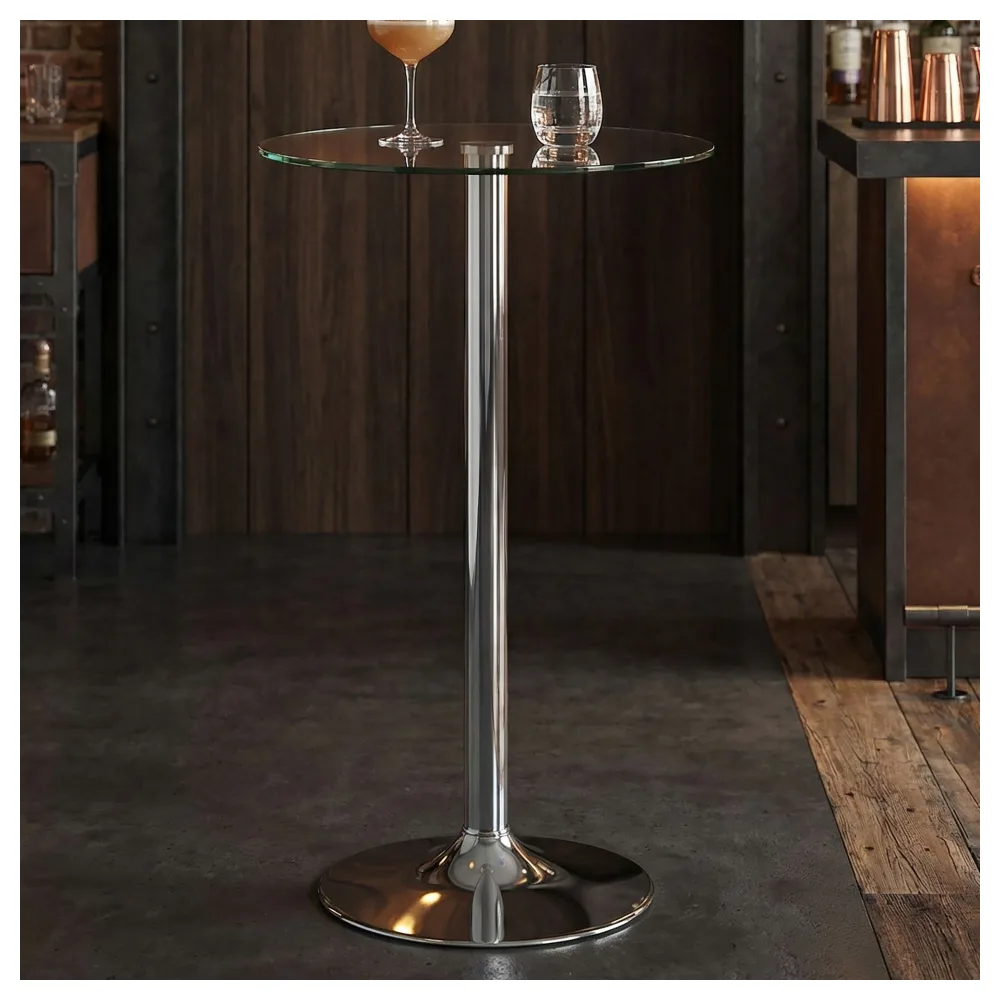 FineBuy Stehtisch 60x60x105 cm Rund Bartisch Sicherheitsglas Bistrotisch Silber, Moderner Tisch für Bar, Design Partytisch Metall, Hochtisch Messetisch Chrom