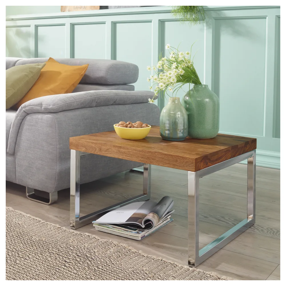 FineBuy Couchtisch quadratisch 60cm Sheesham Massivholz mit Chrom Gestell, Design Wohnzimmertisch, Sofatisch mit Metallrahmen, Holztisch Wohnzimmer, Beistelltisch Echtholz