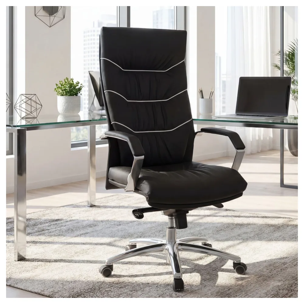 FineBuy Bürostuhl Echt-Leder schwarz Schreibtischstuhl, Chefsessel mit Kopfstütze & Multiblockmechanik, Design Drehstuhl verstellbar, Schreibtisch-Stuhl hohe Rückenlehne