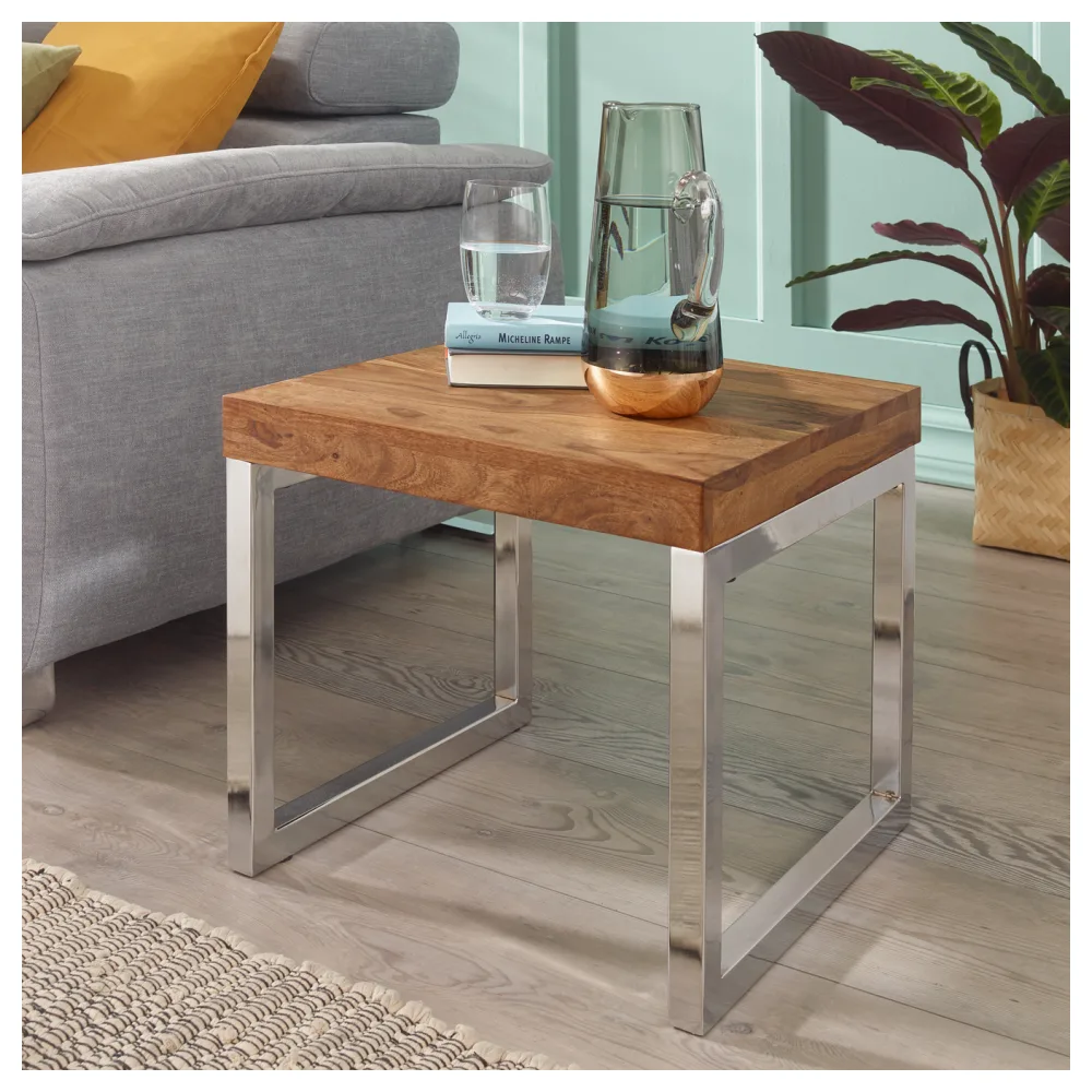 FineBuy Couchtisch quadratisch 46cm Sheesham Massivholz mit Chrom Gestell, Design Wohnzimmertisch, Sofatisch mit Metallrahmen, Holztisch Wohnzimmer, Beistelltisch Echtholz
