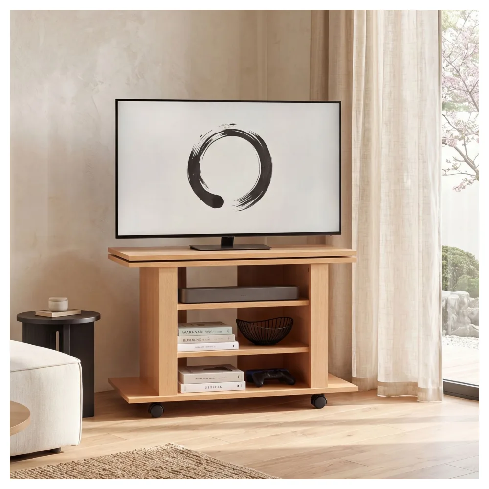 FineBuy Fernsehschrank Drehbar auf Rollen, TV Bank 75 x 38 x 50 cm mit Drehteller für Fernseher| Fernsehtisch Holz Buche mit Ablage Board, TV Schrank HiFi Rack Möbel