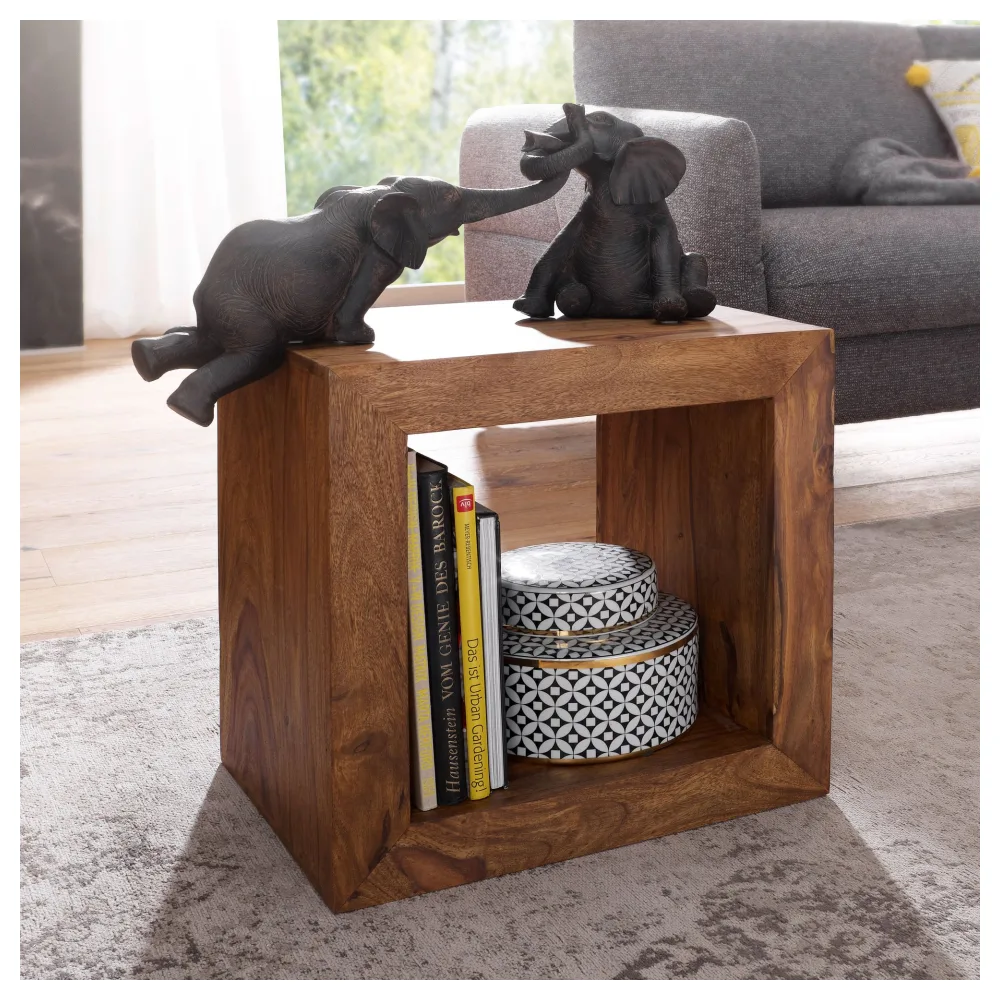 FineBuy Standregal Massivholz Sheesham 33x44x44 cm Cube Regal, Beistelltisch braun Wohnzimmermöbel Echtholz Couchtisch viereckig Anstelltisch