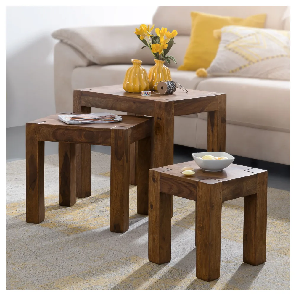 FineBuy 3er Set Satztisch Massivholz Sheesham Wohnzimmertisch Beistelltisch braun Naturholz Couchtisch Echtholz Anstelltisch