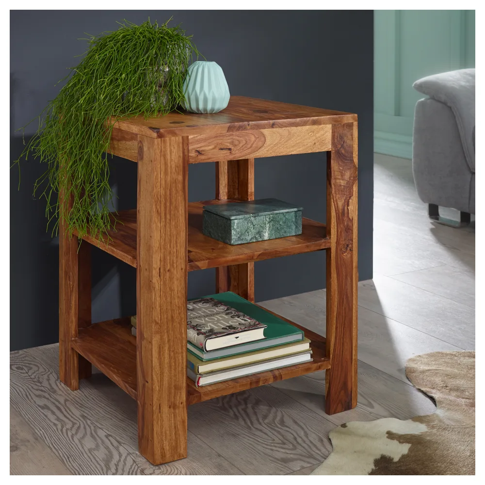 FineBuy Standregal 44 x 60 x 44 cm Sheesham Massiv-Holz Stehregal 3 Ablagen, Abstelltisch Wohnzimmer Niedrig, Ablagetisch Dunkelbraun Abstellregal Diele, Deko-Regal Tisch Flur Büro