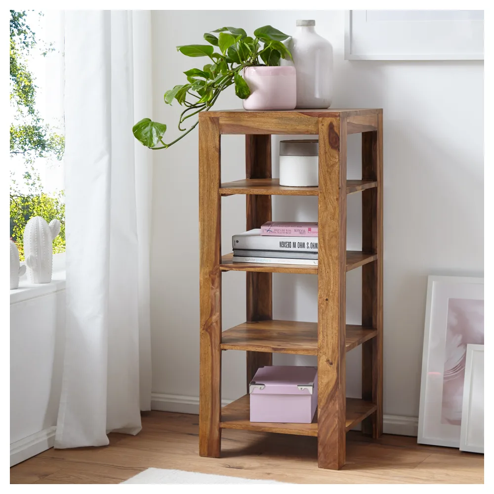 FineBuy Standregal Massiv-Holz Sheesham 105 cm Wohnzimmer-Regal mit 4 Ablagefächer Design Landhaus-Stil Beistelltisch