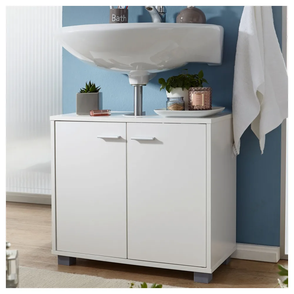 FineBuy Waschbeckenunterschrank mit 2 Türen Weiß, Kleiner Schrank Badezimmer 60x30x55 cm, Badschrank Waschbecken Stehend, Bad Aufbewahrung, Waschtischunterschrank