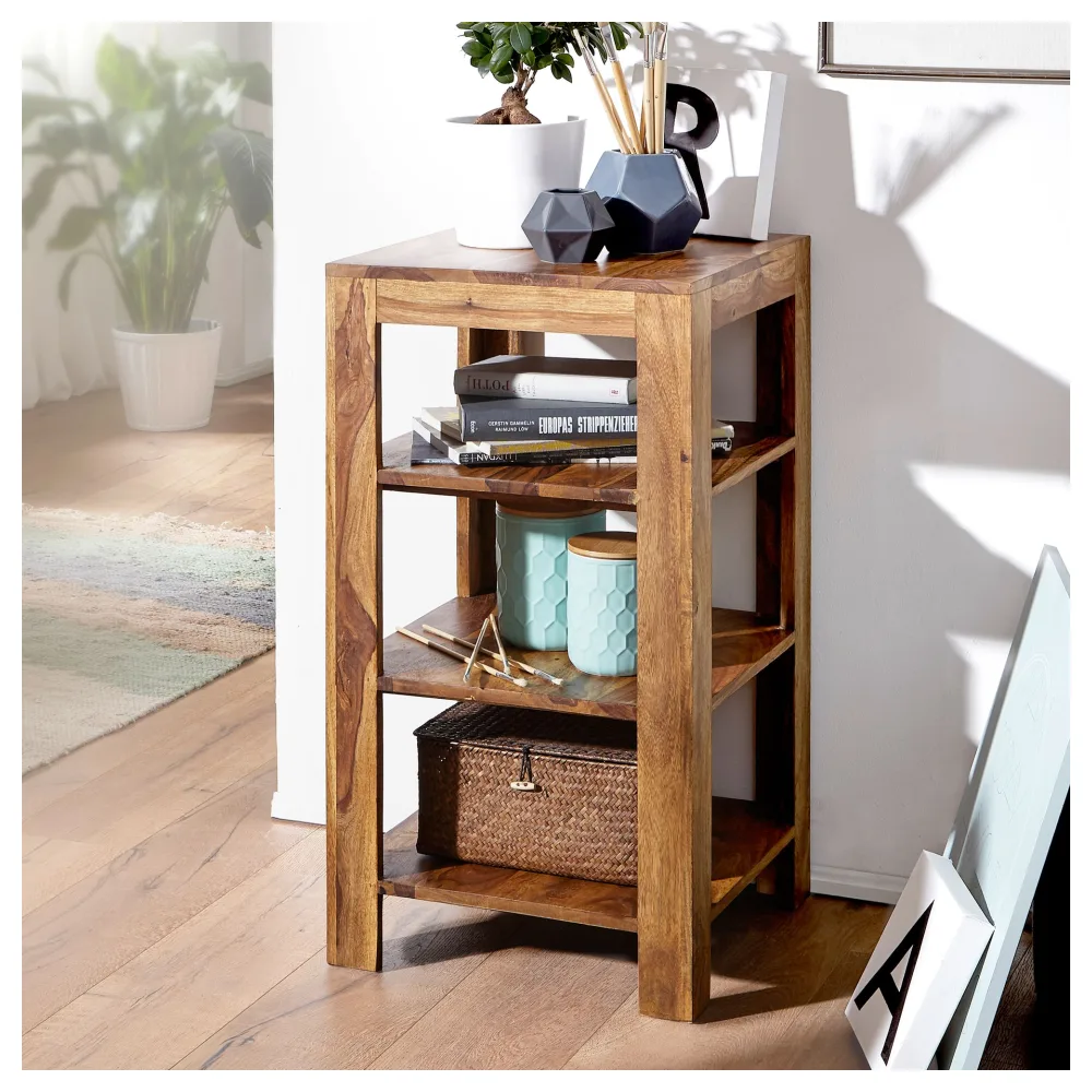 FineBuy Standregal Massiv-Holz Sheesham 80 cm Wohnzimmer-Regal mit 3 Ablagefächer Design Landhaus-Stil Beistelltisch