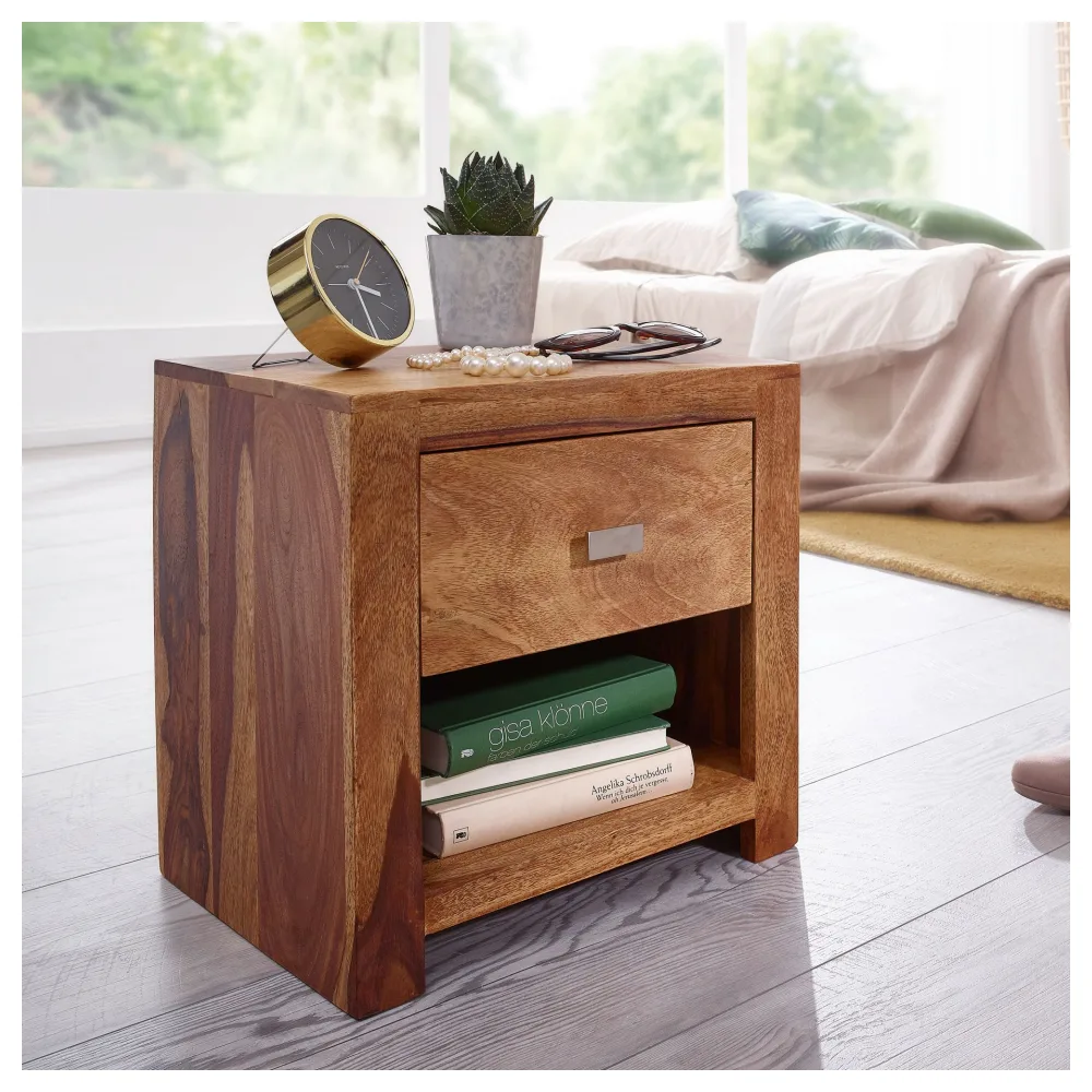 FineBuy Nachttisch Sheesham Massivholz mit Schublade und Ablage – Nachtkonsole im Landhaus Natur Design, handgefertigt – Nachtkästchen 40x40x30 cm