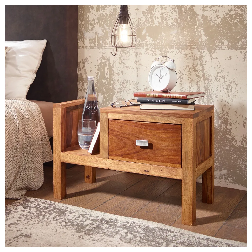 FineBuy Nachtkonsole Sheesham Massivholz mit Schublade und Ablage – Landhaus Nachttisch handgefertigt Echtholz – niedriges Nachtkästchen 60x30x40 cm