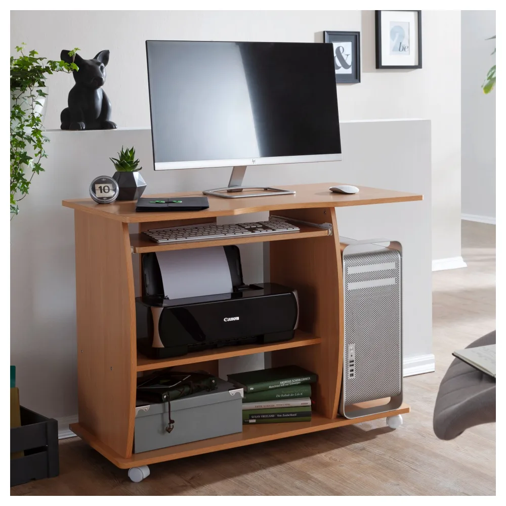 FineBuy Computertisch GRASSE rollbar Buche 90 x 71 x 50 cm mit Tastaturauszug, Laptop Tisch auf feststellbaren Rollen, PC-Tisch mit Drucker-Ablage platzsparend, Schreibtisch für kleine Räume