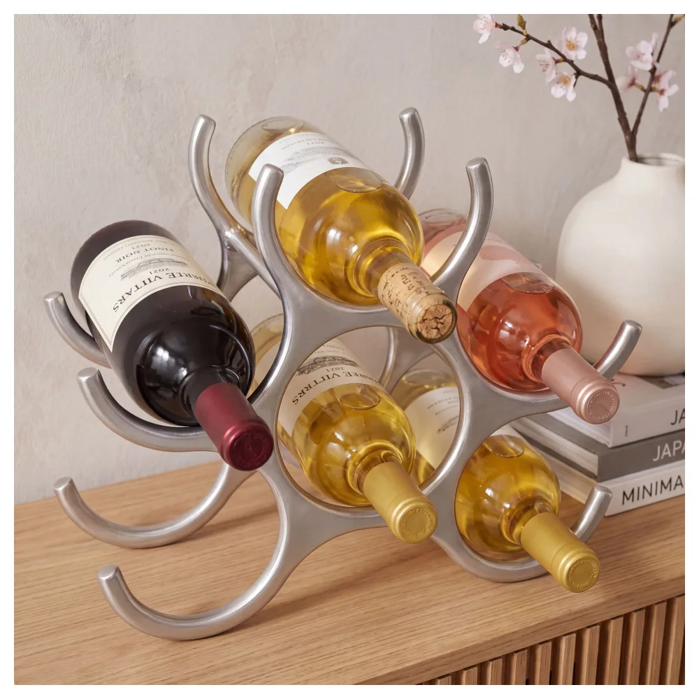 FineBuy Design Aluminium Weinregal 6 Flaschen in Silber 24cm, Flaschenregal Wein Zubehör Edel modern Alu Flaschenständer liegend