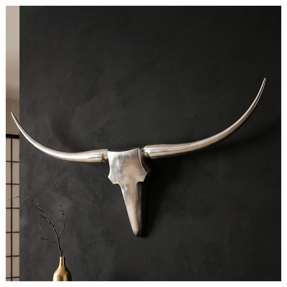 FineBuy Bull Geweih L Wanddekoration 125cm breit Alu Aluminium silber Aluminiumdekoration Wand Geweih Wandgestaltung