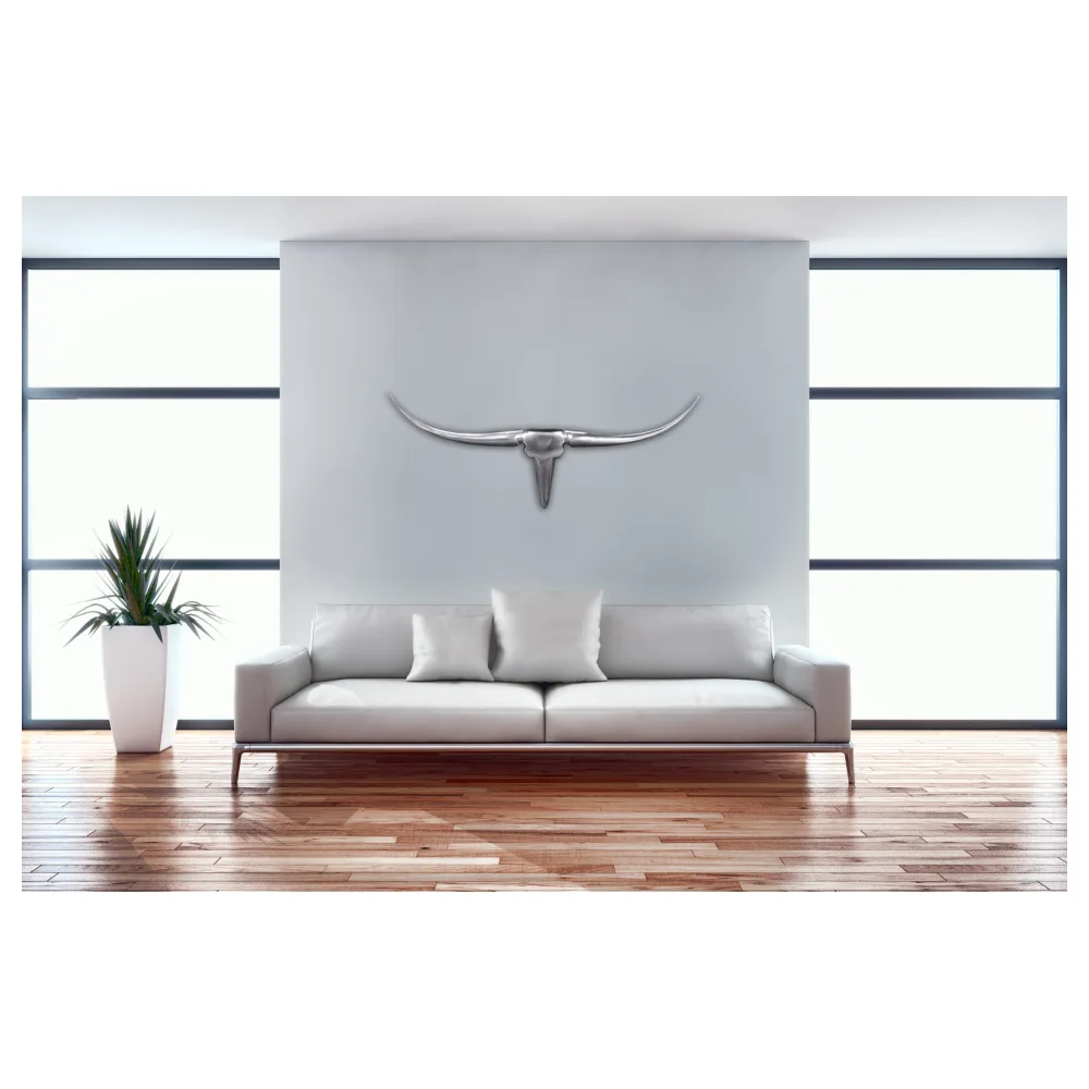 FineBuy Deko Geweih Bull M FB37875 Silber 100 cm Aluminium Design Hörner, Wanddekoration Stierkopf Horn Modern, Wandskulptur Geweih-Jagdtrophäe Metall, Longhorn Wandschmuck Groß