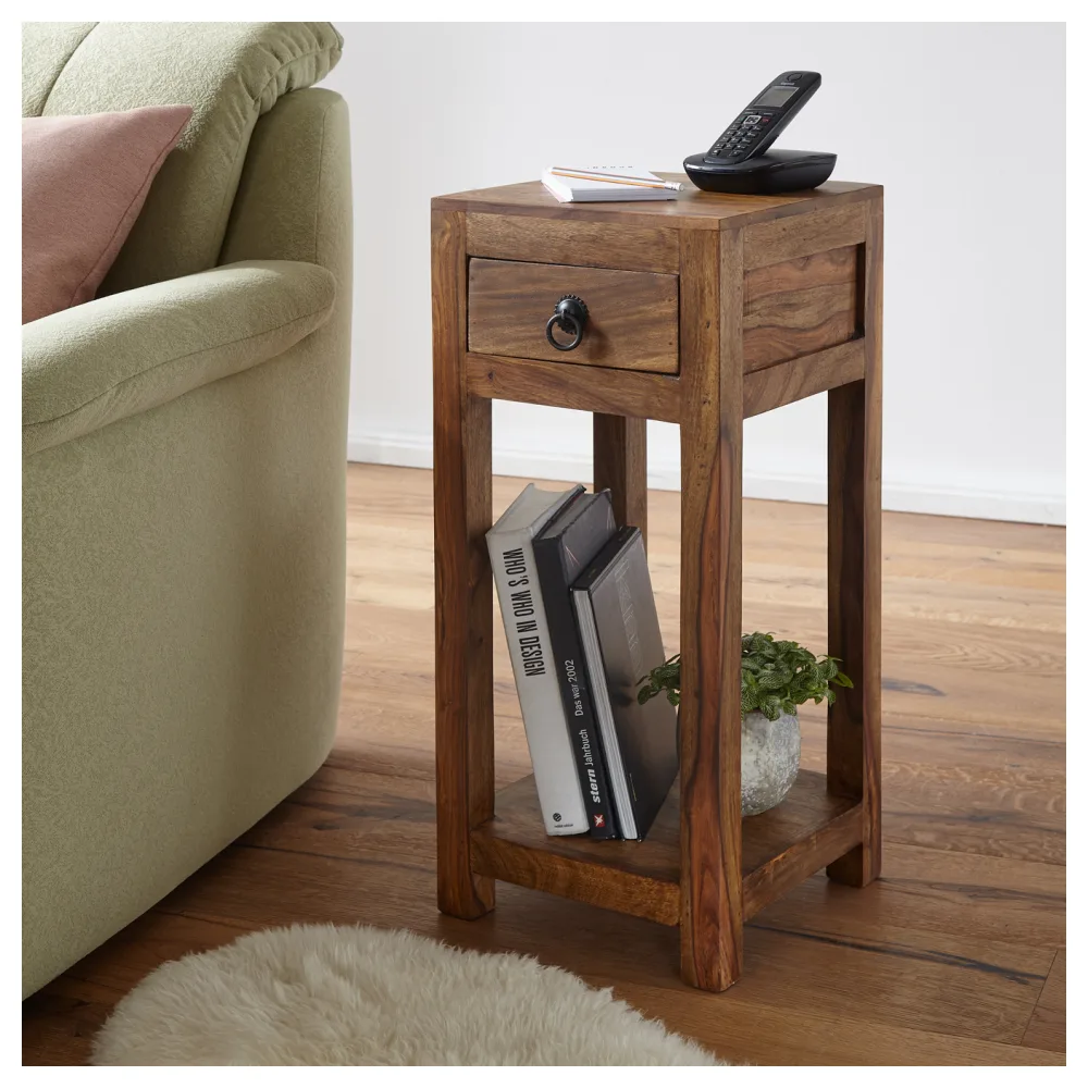 FineBuy Beistelltisch Massivholz Sheesham 30x30x68 cm Wohnzimmertisch mit Schublade, Design Couchtisch Naturprodukt Wohnzimmermöbel modern Echtholz