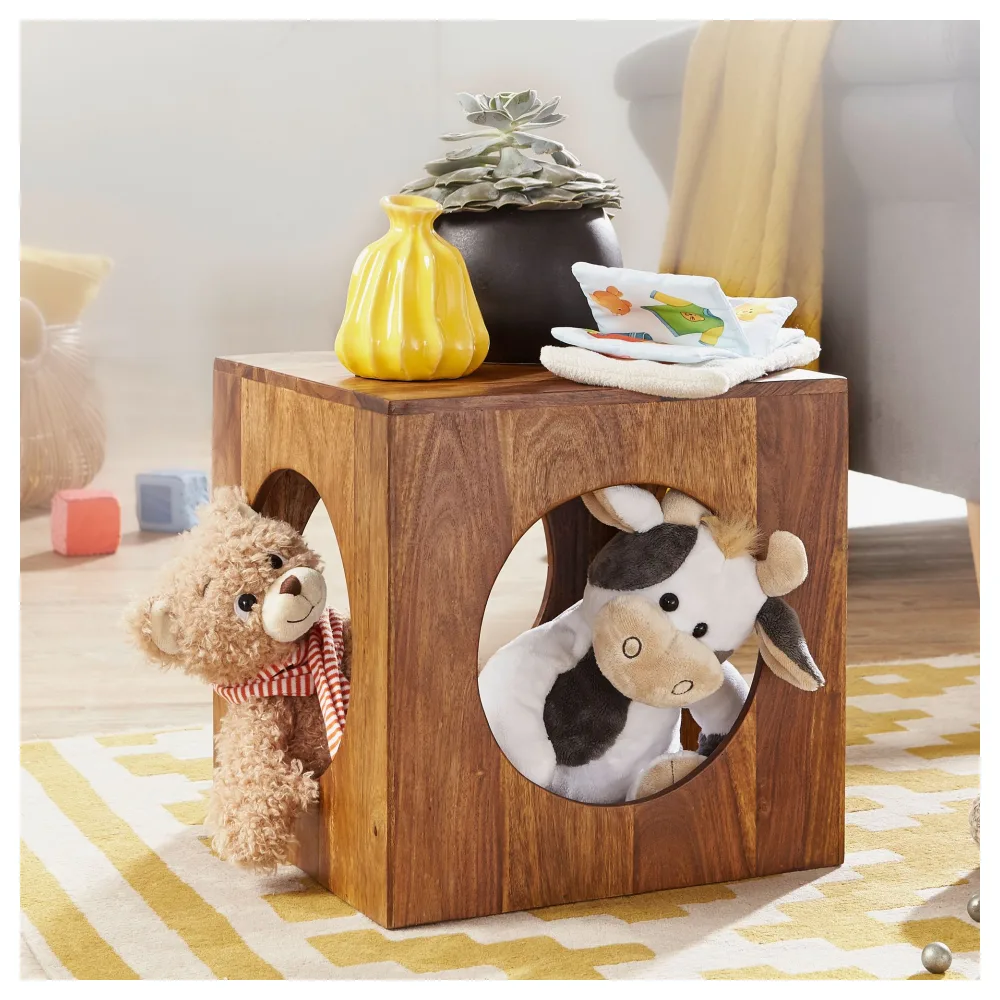 FineBuy Beistelltisch Sheesham Massivholz 35x35x35 cm Cube Wohnzimmertisch, Design Aufbewahrungstisch modern, Kleiner Holztisch in Würfel-Form, Quadratischer Dekotisch mit Stauraum