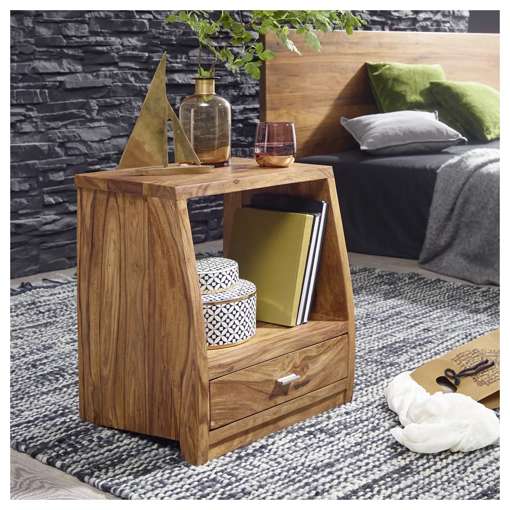 FineBuy Nachtkommode Sheesham Massivholz mit Schublade und Ablage – Nachttisch im Landhaus Design, handgefertigt aus Echtholz – Boxspring Nachtkästchen 45x40x53 cm