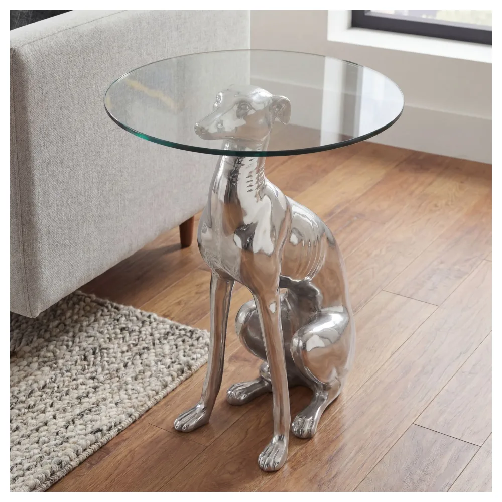 FineBuy Design Beistelltisch Ø40cm Runder Couchtisch Hund 50 cm Hoch Aluminium Tierfigur Ausgefallener Wohnzimmertisch Silber Deko Tisch