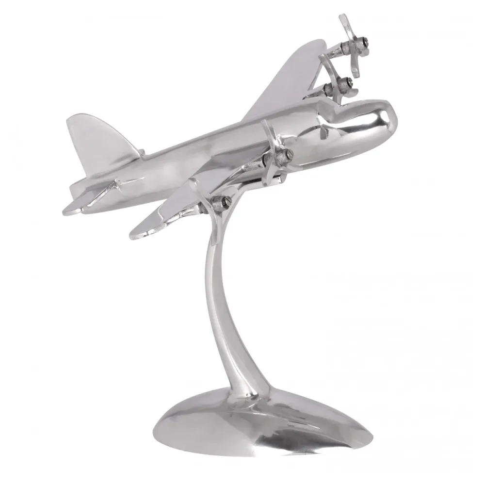 FineBuy Design Deko Propeller Flugzeug 42 x 30 x 30 cm Silbern aus Aluminium, Alu Flieger Geschenk-Idee Tisch-Dekoration mit Standfuß