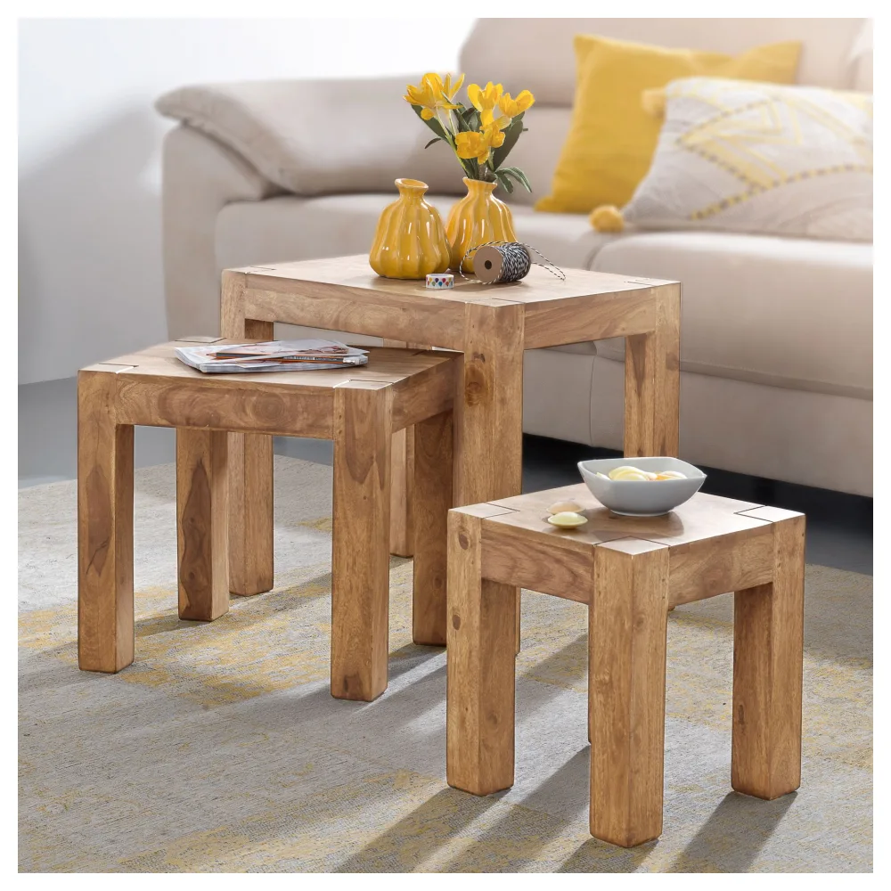 FineBuy 3er Set Satztisch Massiv-Holz Akazie Wohnzimmer-Tisch Landhaus-Stil Beistelltisch dunkel-braun Naturholz