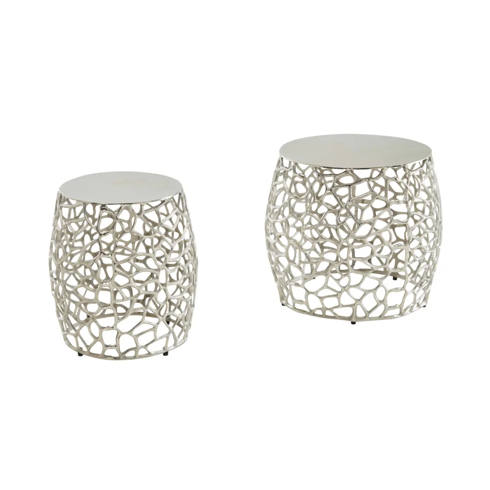 FineBuy Beistelltisch 2er Set Aluminium Design Satztisch Metall Rund, Wohnzimmertisch Couchtisch Ast-Struktur Modern, Sofatisch 2-teilig Wohnzimmer Dekotisch