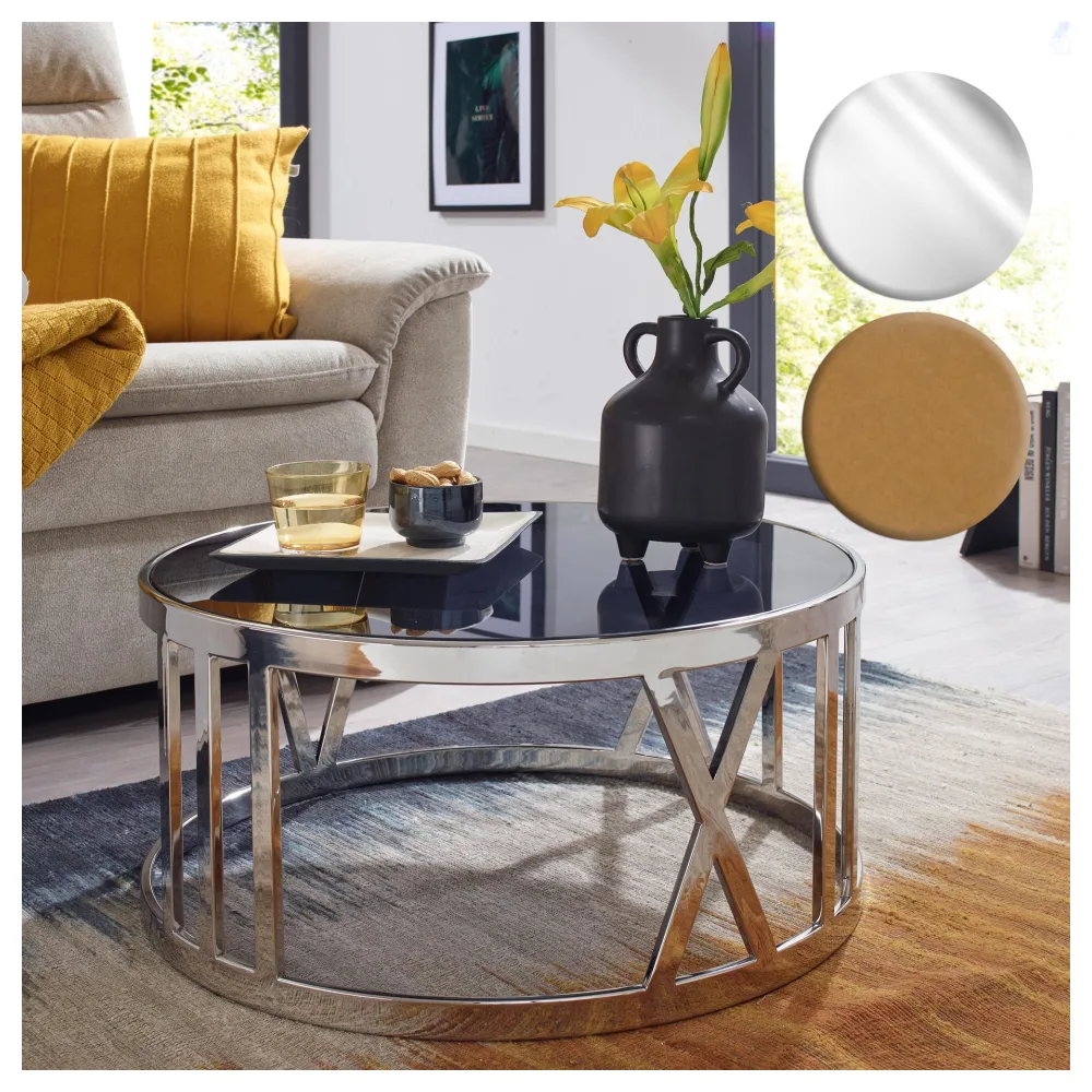 FineBuy Couchtisch Glas Metall 60x60x30 cm Sofatisch, Design Wohnzimmertisch Rund, Kleiner Kaffeetisch Modern, Beistelltisch Anstelltisch Wohnzimmer