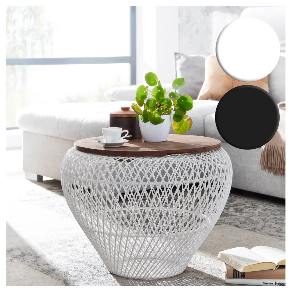 FineBuy Couchtisch Mango Massivholz Metall 60x60x45 cm Rund mit Stauraum, Design Wohnzimmertisch Korbtisch Modern, Beistelltisch Sofatisch Wohnzimmer