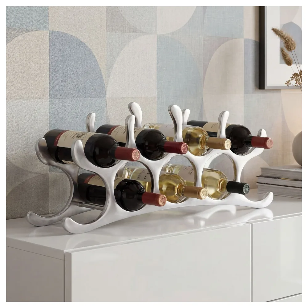 FineBuy Design Aluminium Weinregal 9 Flaschen in Silber 55x20x12 cm, Flaschenregal Wein Zubehör Edel modern, Metall Deko Weinflaschen Halter Schmal Küche Regal, Alu Flaschenständer liegend