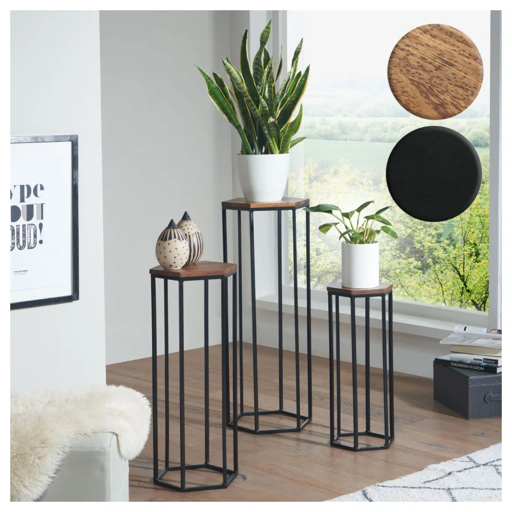 FineBuy Beistelltisch 3er Set Massivholz / Metall Satztisch Sechseckig, Säulentisch Pflanzentisch 3-teilig, Blumenständer Blumentisch Wohnzimmer, Pflanzenhocker Blumenhocker