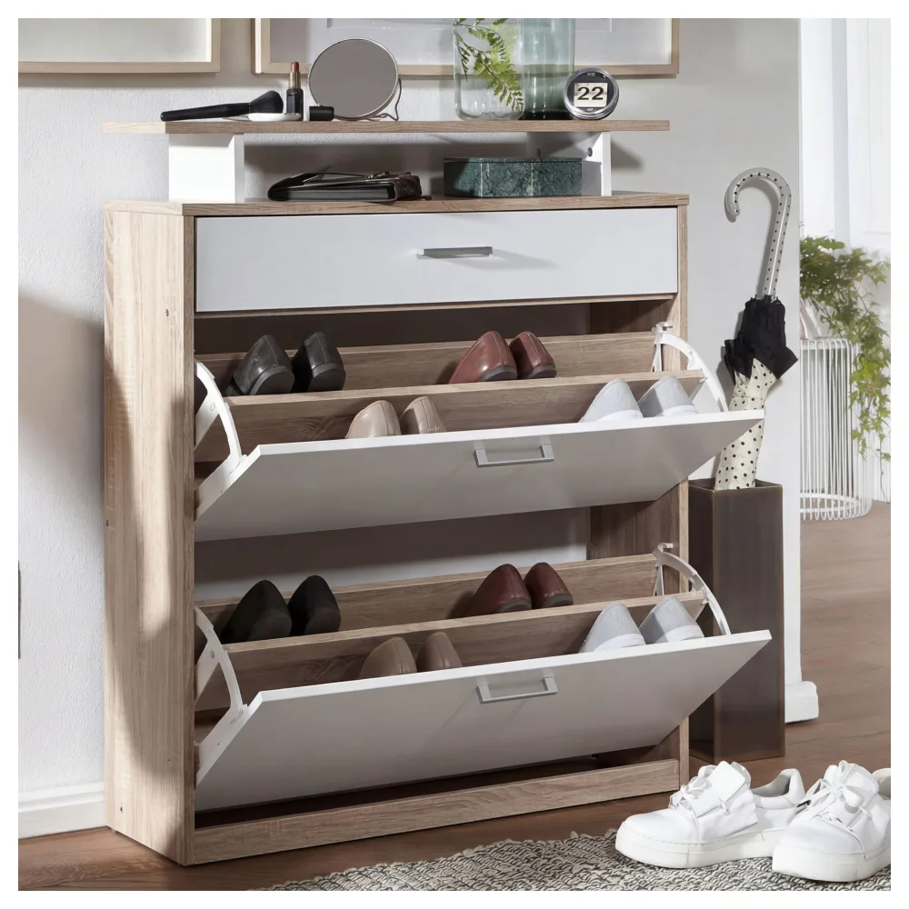 FineBuy Schuhkipper Holz 80x95x24 cm Modern Sonoma Eiche, Design Schuhregal Schuhkipper Schmal, Schuhschrank Schuhaufbewahrung mit Schublade, Flurschrank Schuhablage Regal