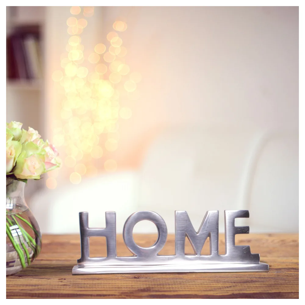 FineBuy Home Deko Schriftzug Design Wohnzimmer Ess-Tisch- Dekoration Wohnung Alu Aluminium Wohndeko Silber 22 cm