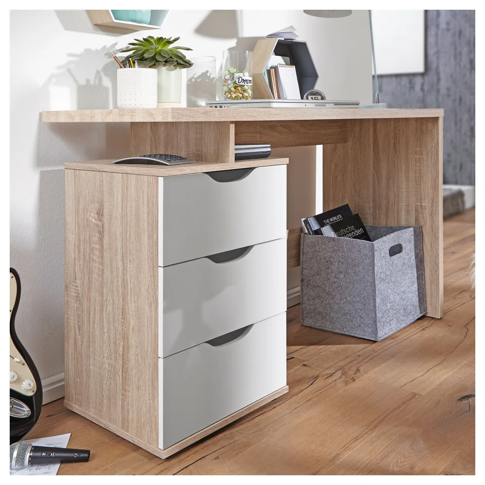 FineBuy Schreibtisch MASSA 120 x 76 x 53 cm mit 3 Schubladen in Sonoma Weiß, Computertisch modern für Jugendliche, Laptoptisch platzsparend mit Ablage