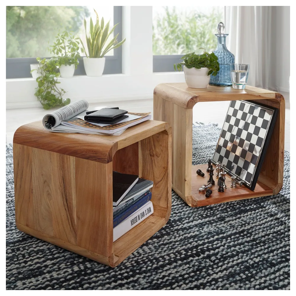FineBuy 2er Set Satztisch Massivholz Design Couchtisch Akazie 2 Tische, Würfelregal-Set Braun, Wohnzimmertisch Massiv, Beistelltische Holz Landhaus Stil, Holztisch Wohnzimmer |