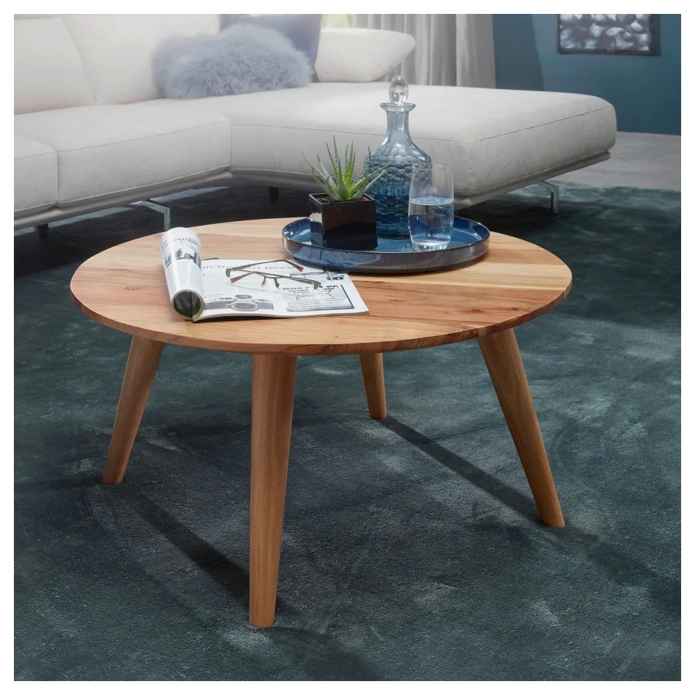 FineBuy Couchtisch Akazie Massivholz rund 75 cm · Wohnzimmertisch im skandinavischen Retro Design · Handgefertigter Holztisch mit konischen Beinen aus Vollholz