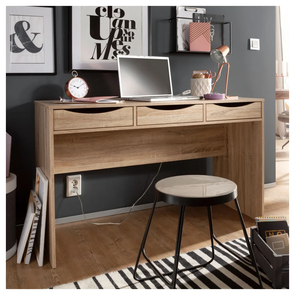 FineBuy Schreibtisch MASSA 120 cm, Design Büro-Tisch in Sonoma Eiche, Moderner Computer-Tisch mit 3 Schubladen und Stauraum, Platzsparender Jugend-Schreibtisch auch für Laptop geeignet
